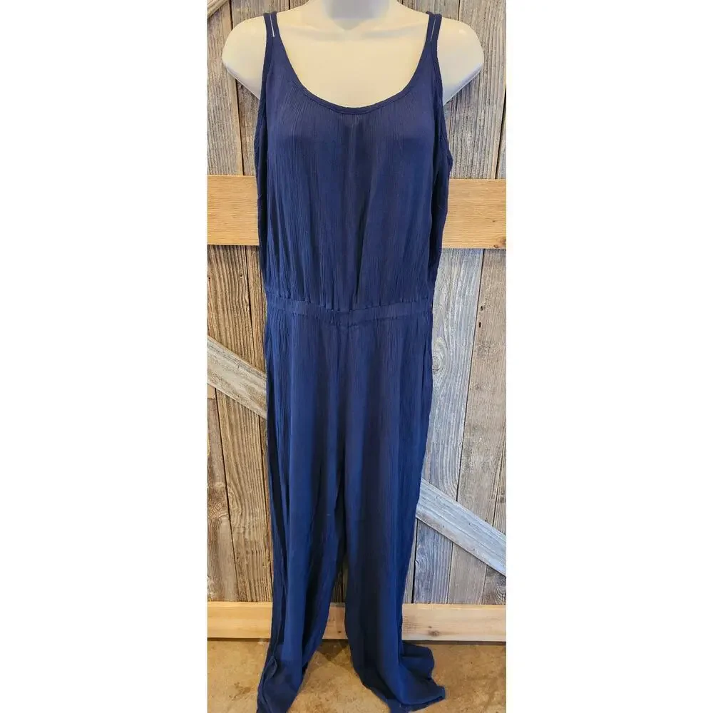 Soft surroundings crinkle rayon romper sz L navy blue elastic waist comfort flaw